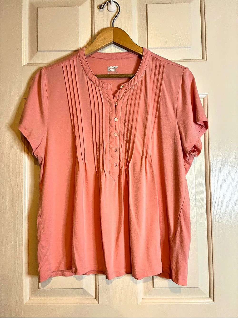 Lands' End Women's Lightweight Jersey Button Pintuck Top Pintuck Top Pink XL